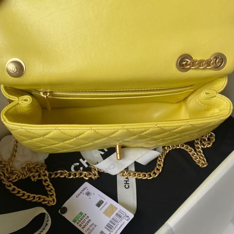 Chanel 23S AS4064 Camellia Embossed Chain Lambskin Flap Bag Yellow - Image 7