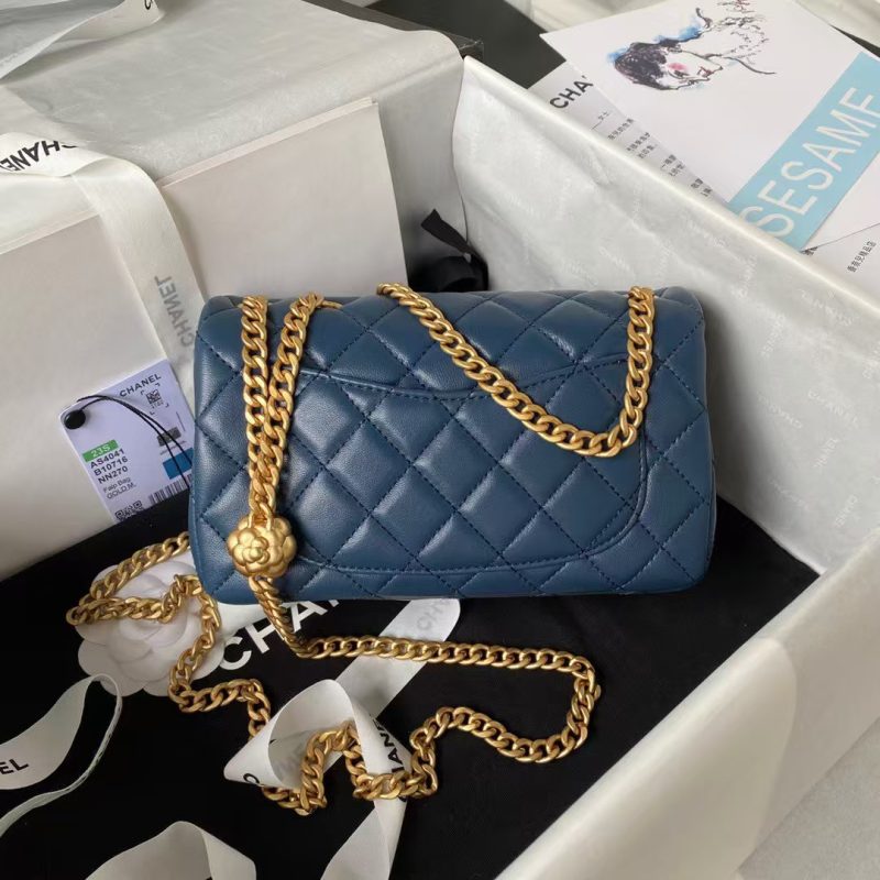 Chanel 23S AS4041 Mini Camellia Embossed Rectangular Flap Bag Antique Gold Hardware Blue - Image 2