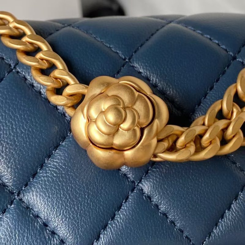 Chanel 23S AS4041 Mini Camellia Embossed Rectangular Flap Bag Antique Gold Hardware Blue - Image 4