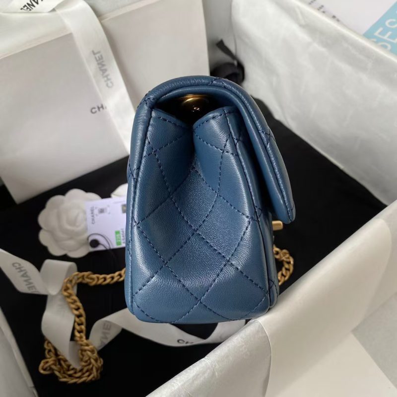 Chanel 23S AS4041 Mini Camellia Embossed Rectangular Flap Bag Antique Gold Hardware Blue - Image 5