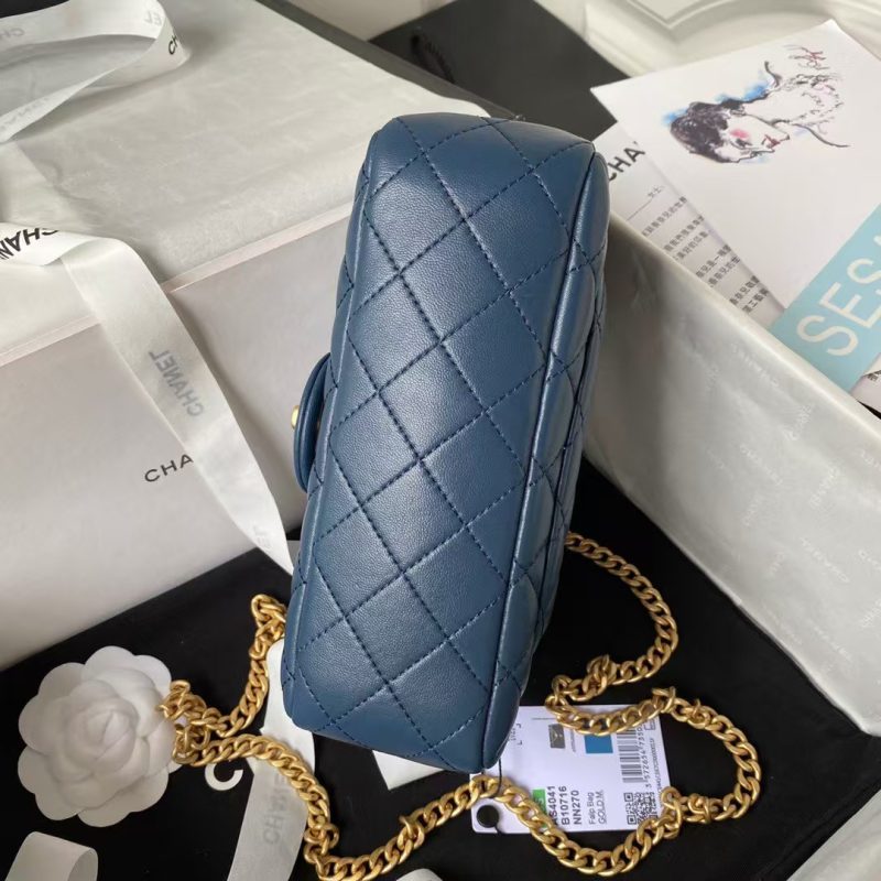 Chanel 23S AS4041 Mini Camellia Embossed Rectangular Flap Bag Antique Gold Hardware Blue - Image 6