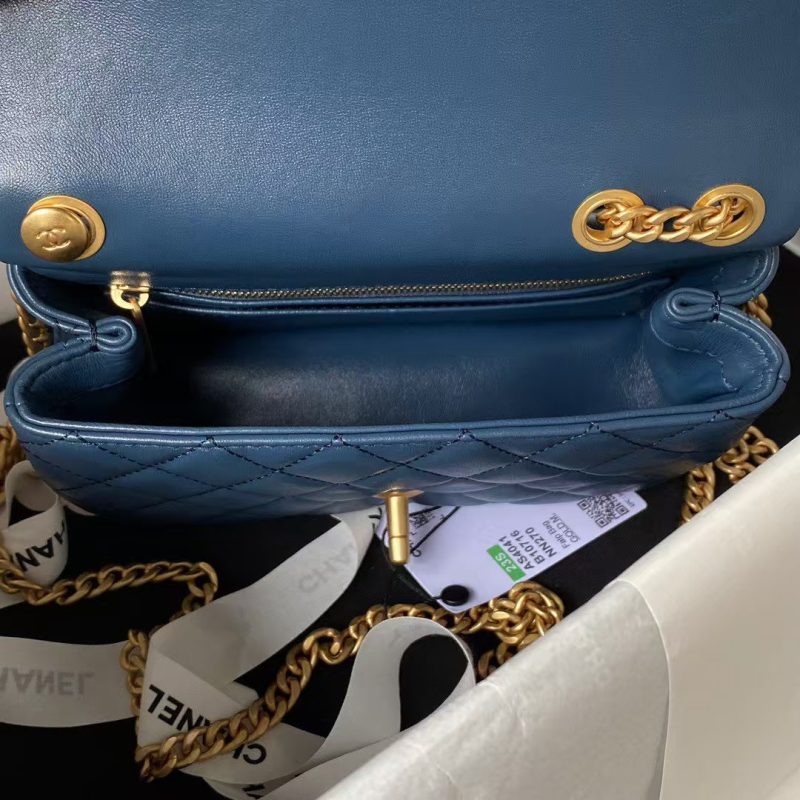 Chanel 23S AS4041 Mini Camellia Embossed Rectangular Flap Bag Antique Gold Hardware Blue - Image 9