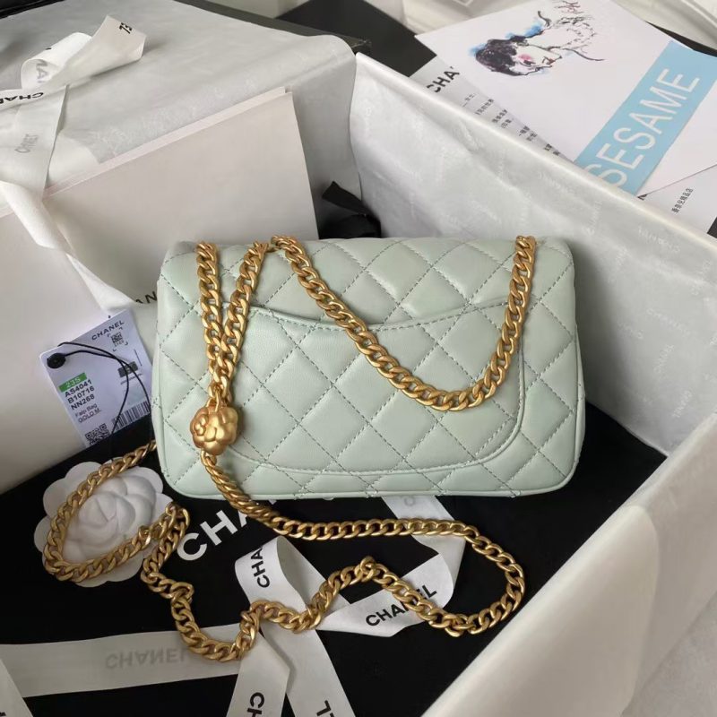 Chanel 23S AS4041 Mini Camellia Embossed Rectangular Flap Bag Antique Gold Hardware Light Green - Image 2