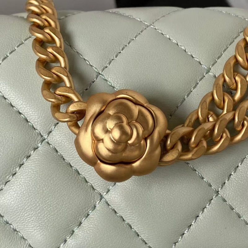Chanel 23S AS4041 Mini Camellia Embossed Rectangular Flap Bag Antique Gold Hardware Light Green - Image 4