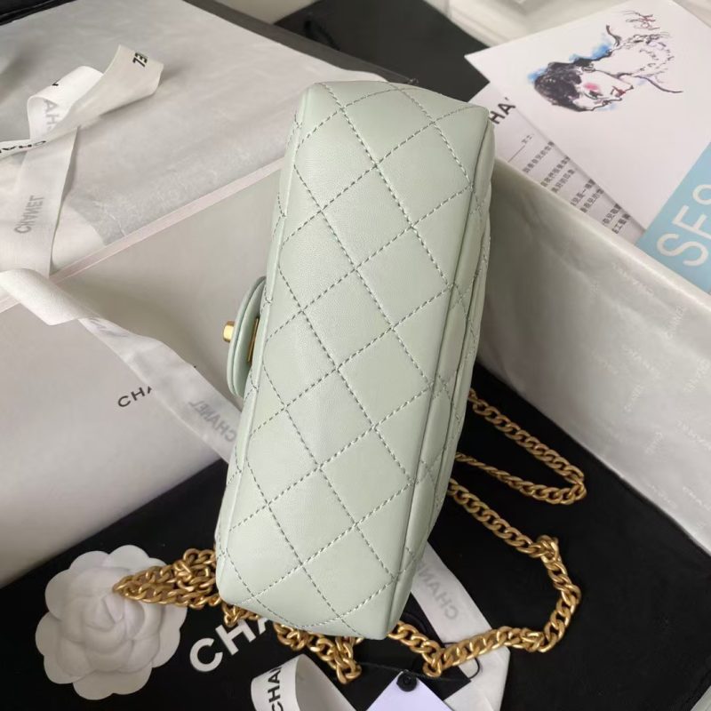 Chanel 23S AS4041 Mini Camellia Embossed Rectangular Flap Bag Antique Gold Hardware Light Green - Image 5