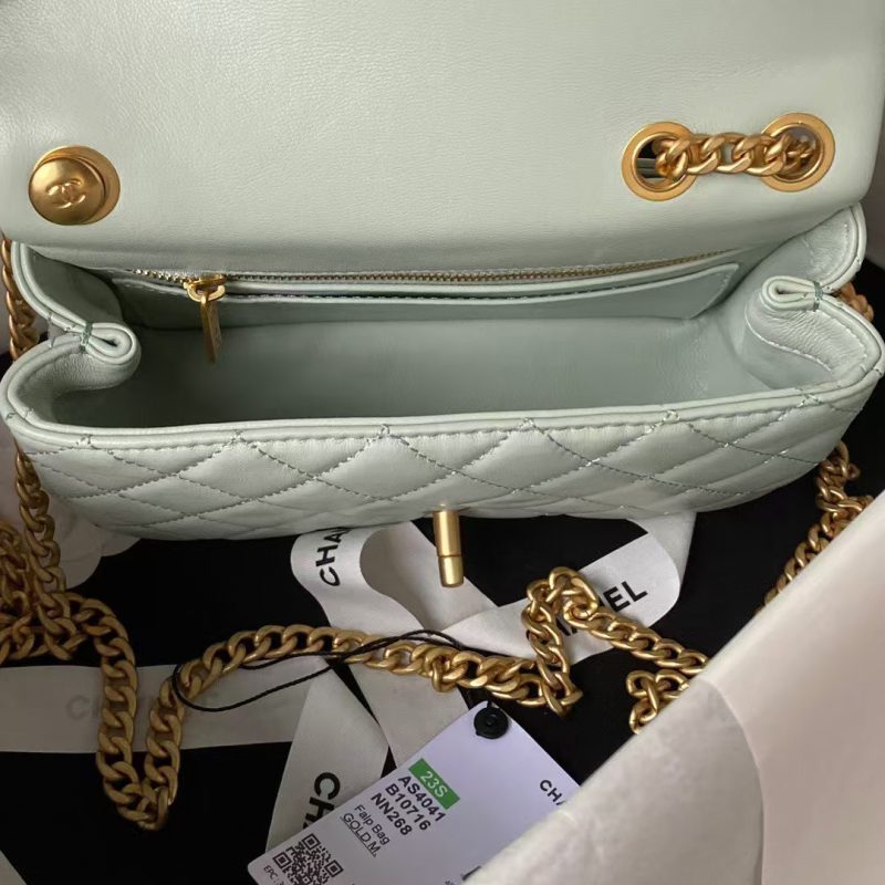 Chanel 23S AS4041 Mini Camellia Embossed Rectangular Flap Bag Antique Gold Hardware Light Green - Image 9