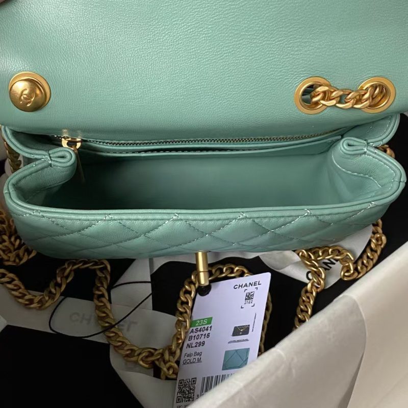 Chanel 23S AS4041 Mini Camellia Embossed Rectangular Flap Bag Antique Gold Hardware Green - Image 5