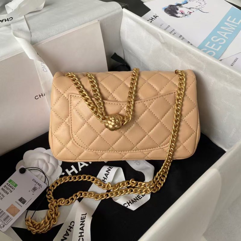 Chanel 23S AS4041 Mini Camellia Embossed Rectangular Flap Bag Antique Gold Metal Hardware Apricot - Image 2