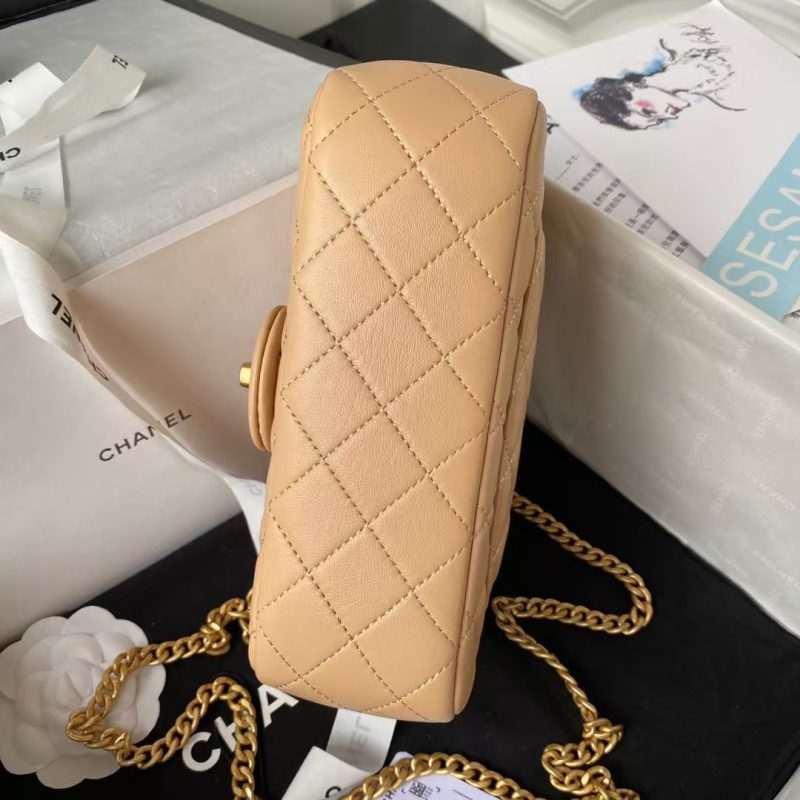 Chanel 23S AS4041 Mini Camellia Embossed Rectangular Flap Bag Antique Gold Metal Hardware Apricot - Image 4