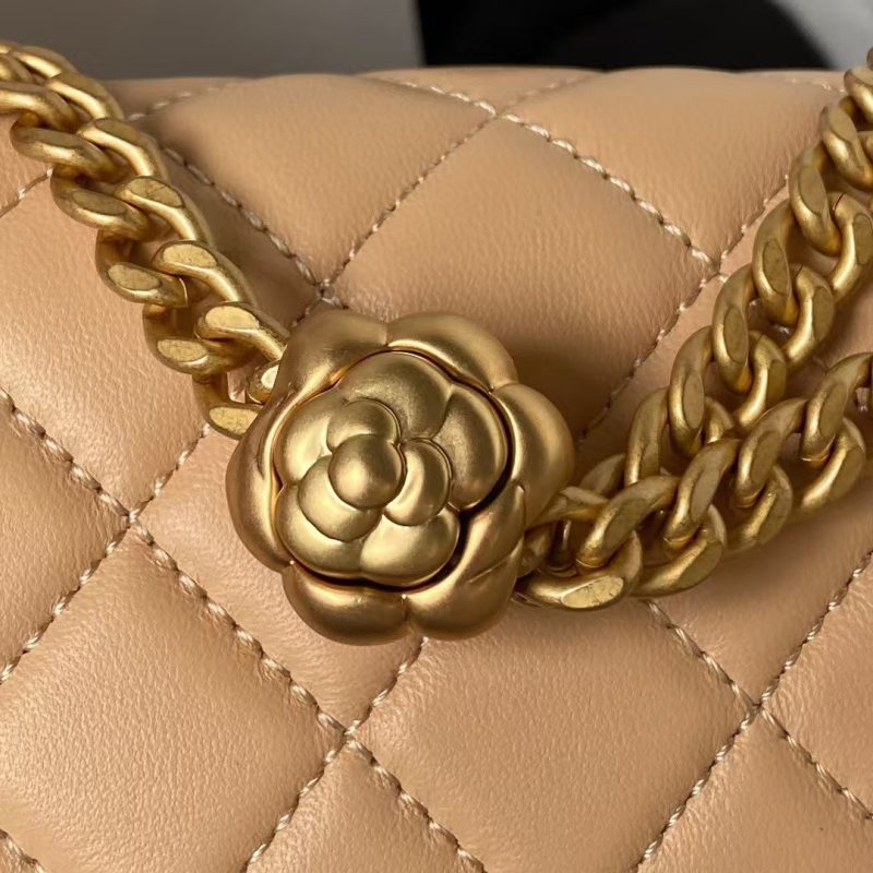 Chanel 23S AS4041 Mini Camellia Embossed Rectangular Flap Bag Antique Gold Metal Hardware Apricot - Image 5