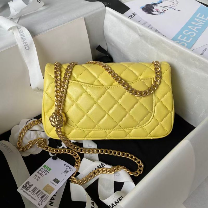 Chanel 23S AS4041 Mini Camellia Embossed Rectangular Flap Bag Antique Gold Metal Hardware Yellow - Image 2