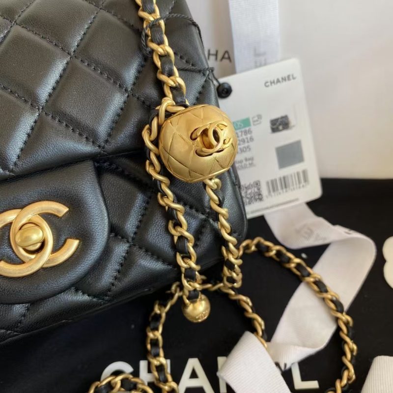 Chanel 23C AS1786 Mini Square Pearl Embossed Flap Bag Antique Gold Hardware Black - Image 4