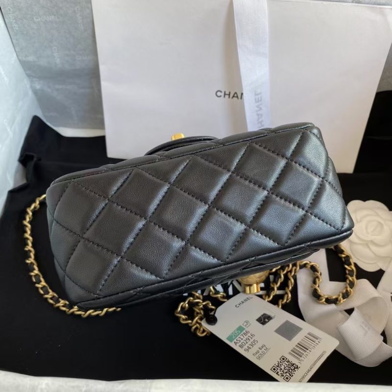 Chanel 23C AS1786 Mini Square Pearl Embossed Flap Bag Antique Gold Hardware Black - Image 9