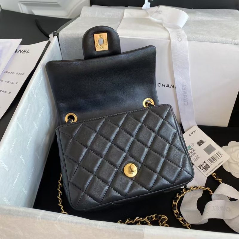 Chanel 23C AS1786 Mini Square Pearl Embossed Flap Bag Antique Gold Hardware Black - Image 6