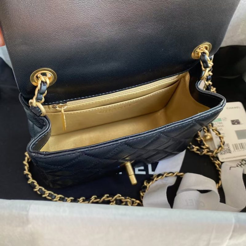 Chanel 23C AS1786 Mini Square Pearl Embossed Flap Bag Antique Gold Hardware Black - Image 7
