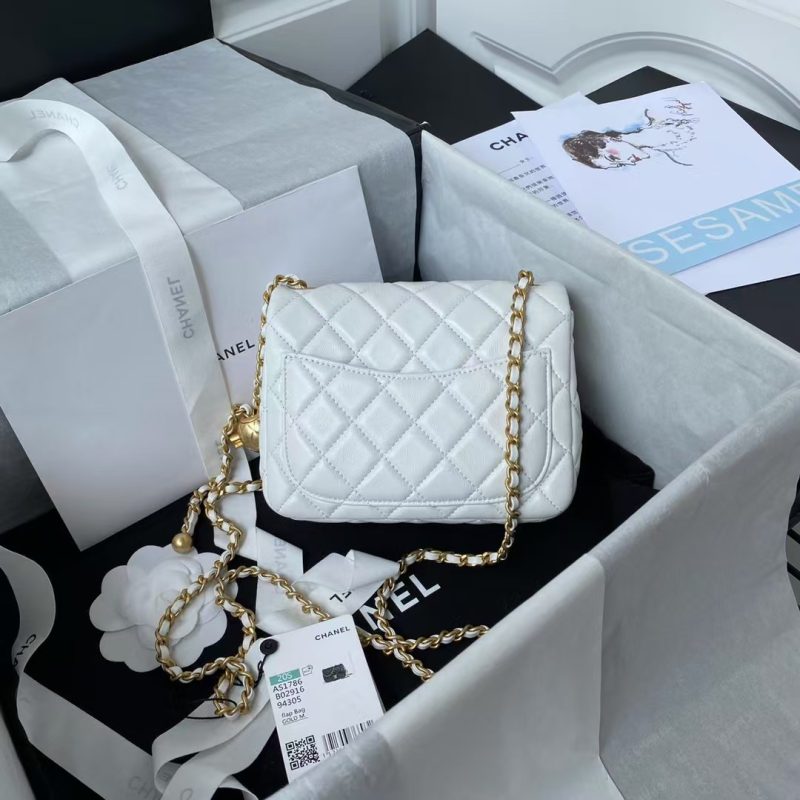 Chanel 23C AS1786 Mini Square Pearl Embossed Flap Bag Antique Gold Hardware White - Image 2