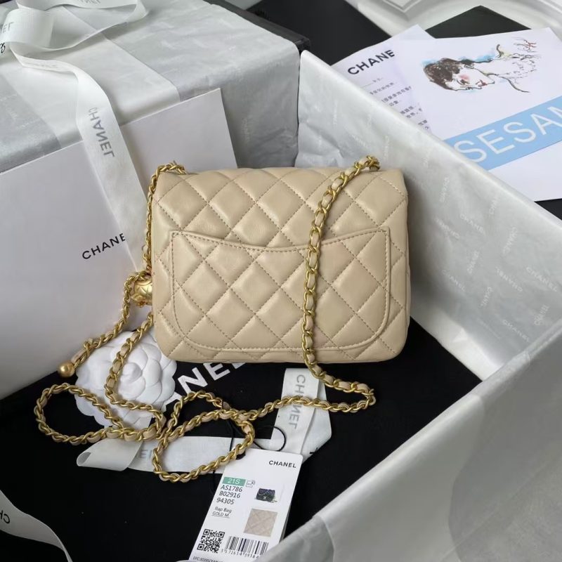 Chanel 23C AS1786 Mini Square Pearl Embossed Flap Bag Antique Gold Hardware Apricot - Image 2