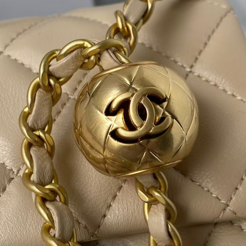 Chanel 23C AS1786 Mini Square Pearl Embossed Flap Bag Antique Gold Hardware Apricot - Image 6