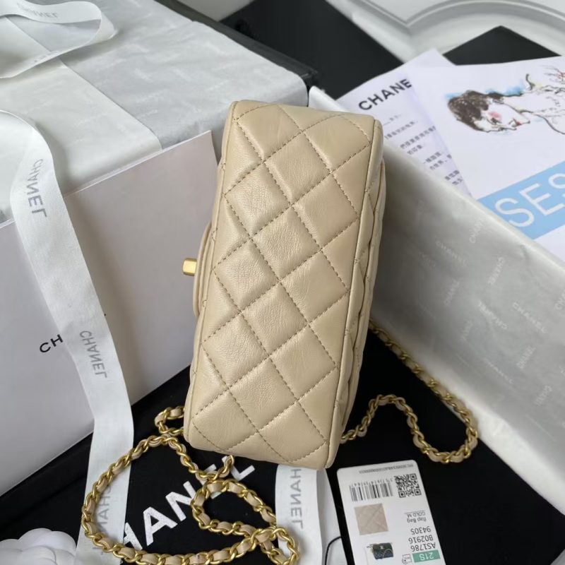 Chanel 23C AS1786 Mini Square Pearl Embossed Flap Bag Antique Gold Hardware Apricot - Image 4
