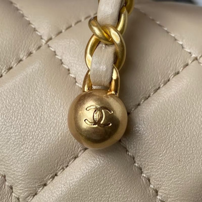 Chanel 23C AS1786 Mini Square Pearl Embossed Flap Bag Antique Gold Hardware Apricot - Image 8