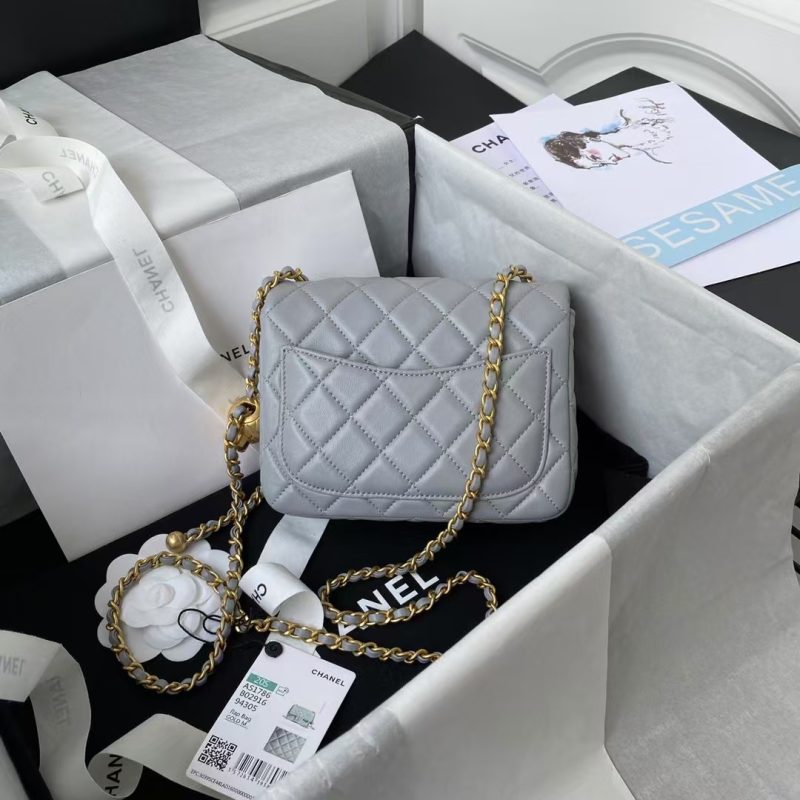 Chanel 23C AS1786 Mini Square Pearl Embossed Flap Bag Antique Gold Hardware Light Blue - Image 2