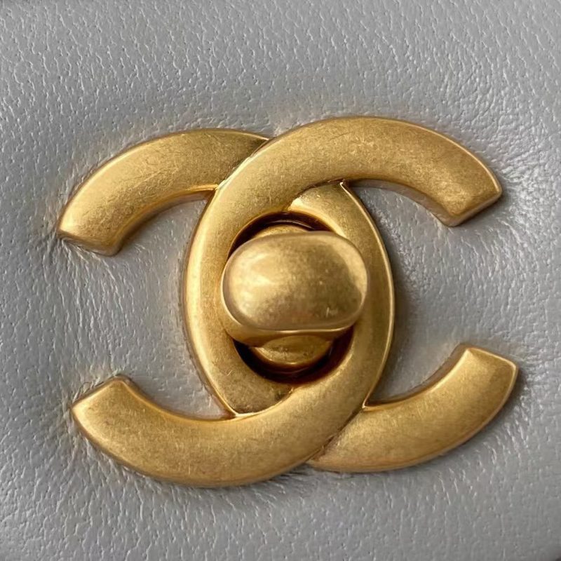 Chanel 23C AS1786 Mini Square Pearl Embossed Flap Bag Antique Gold Hardware Light Blue - Image 3
