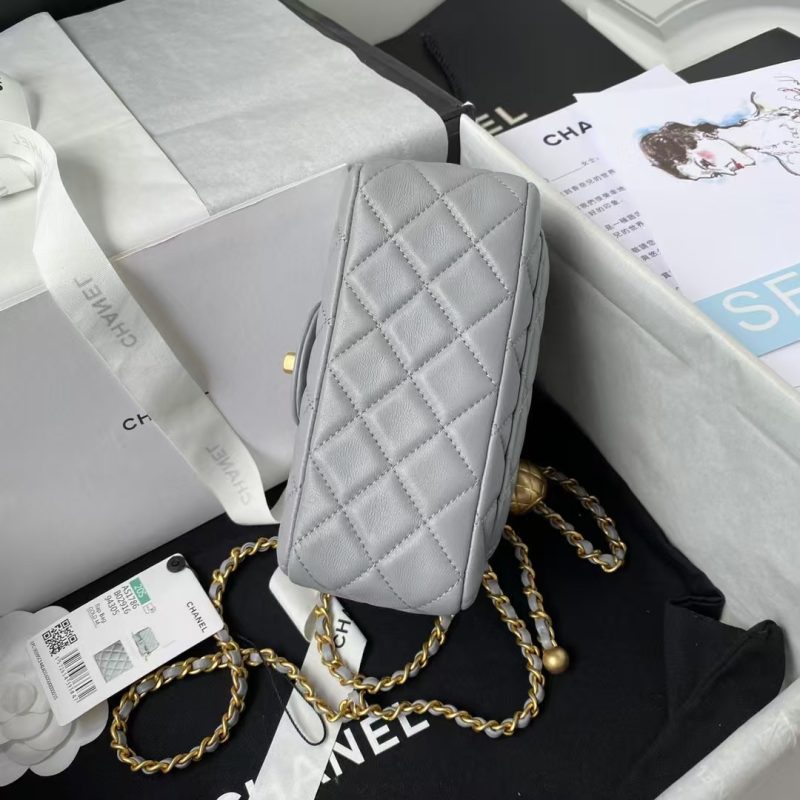 Chanel 23C AS1786 Mini Square Pearl Embossed Flap Bag Antique Gold Hardware Light Blue - Image 8