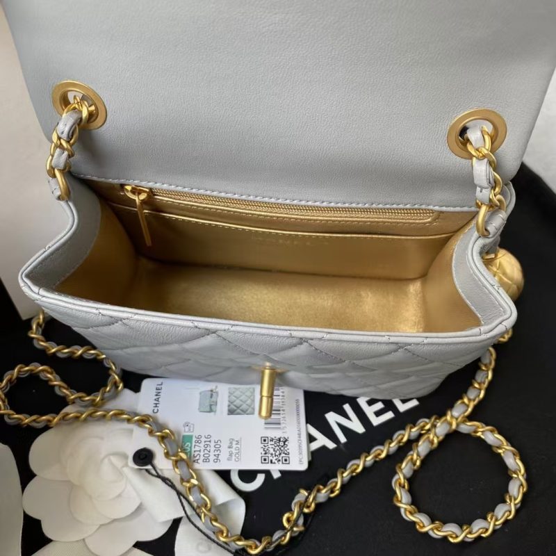 Chanel 23C AS1786 Mini Square Pearl Embossed Flap Bag Antique Gold Hardware Light Blue - Image 4