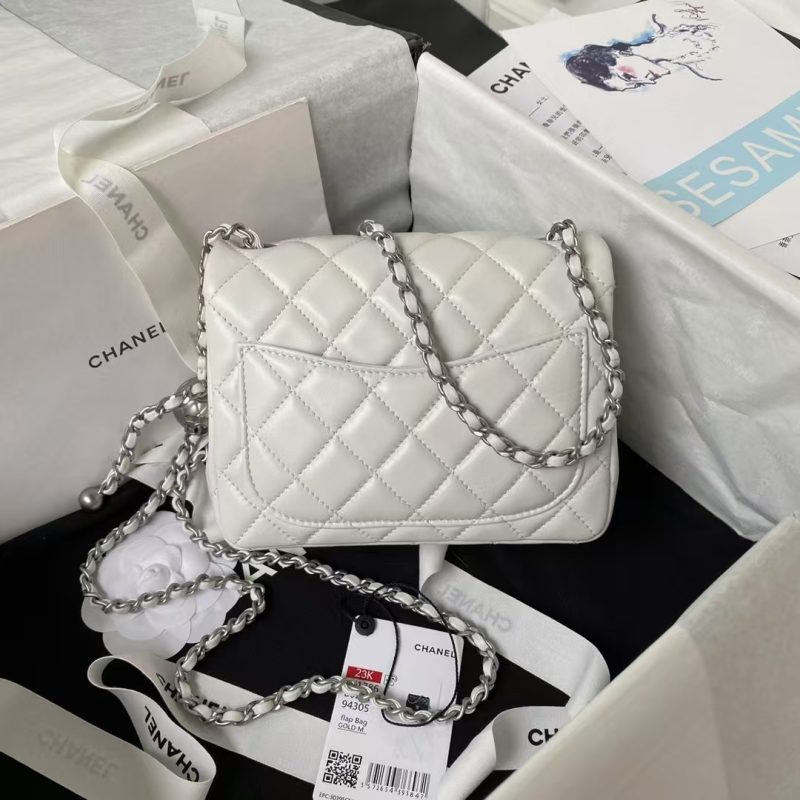 Chanel 23C AS1786 Mini Square Pearl Embossed Flap Bag Antique Silver Hardware White - Image 2