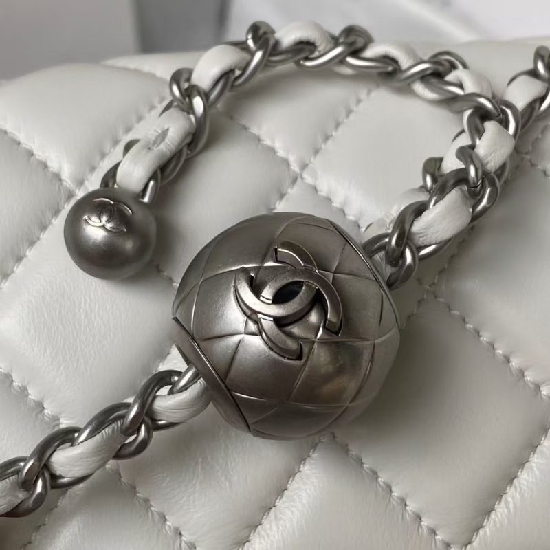 Chanel 23C AS1786 Mini Square Pearl Embossed Flap Bag Antique Silver Hardware White - Image 8