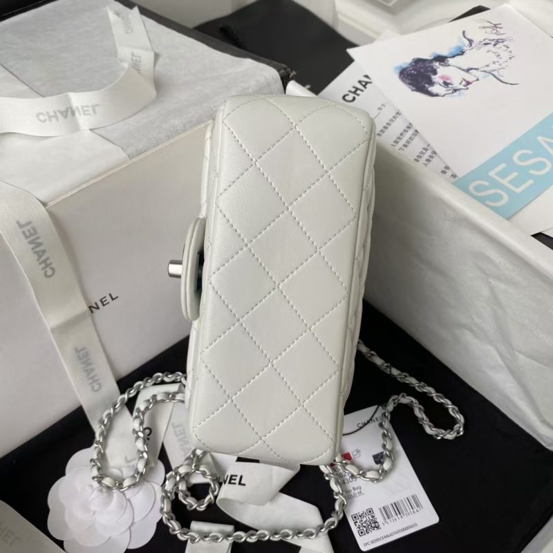 Chanel 23C AS1786 Mini Square Pearl Embossed Flap Bag Antique Silver Hardware White - Image 4