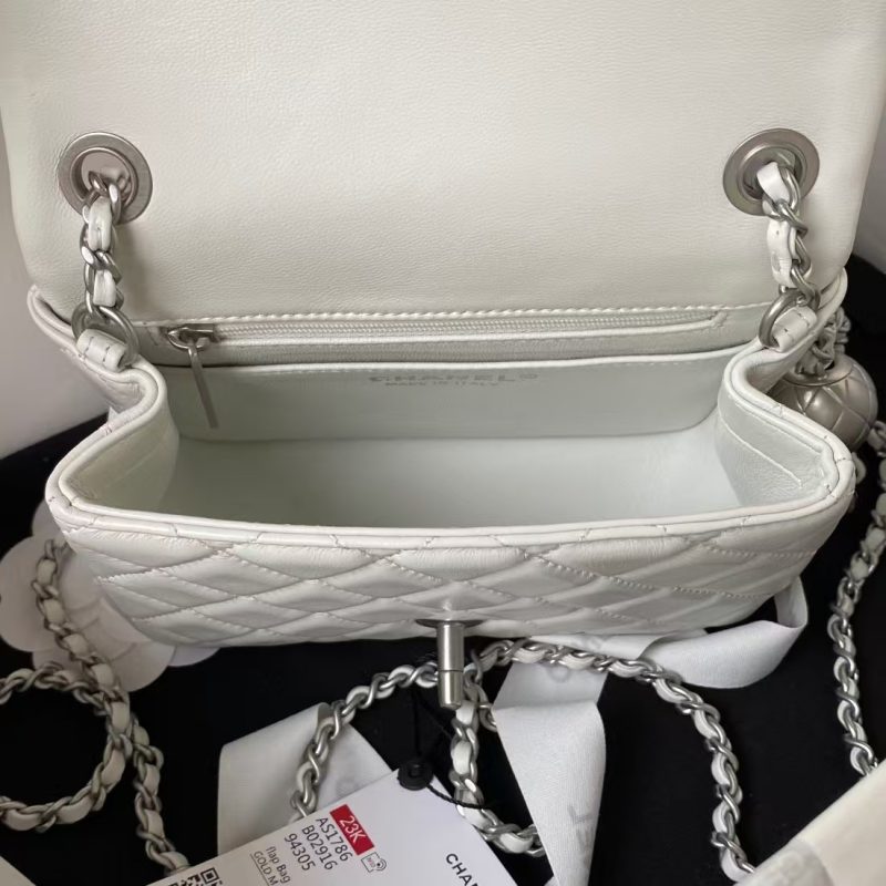 Chanel 23C AS1786 Mini Square Pearl Embossed Flap Bag Antique Silver Hardware White - Image 9