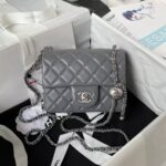 Chanel 23C AS1786 Mini Square Pearl Embossed Flap Bag Antique Silver Hardware Dark Grey