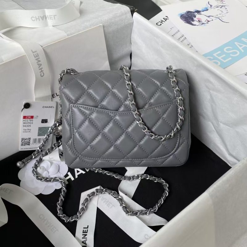 Chanel 23C AS1786 Mini Square Pearl Embossed Flap Bag Antique Silver Hardware Dark Grey - Image 2