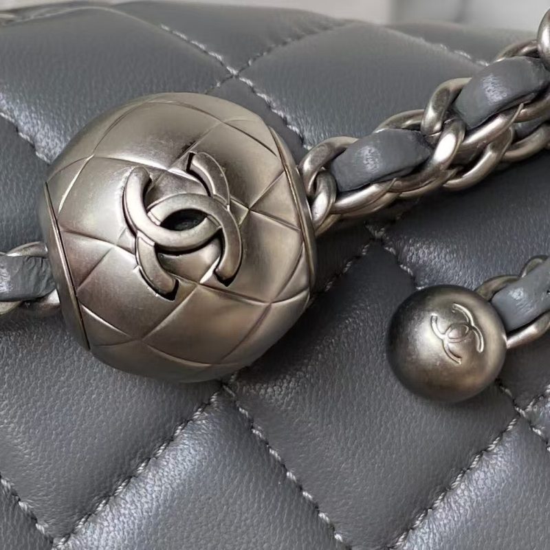 Chanel 23C AS1786 Mini Square Pearl Embossed Flap Bag Antique Silver Hardware Dark Grey - Image 4