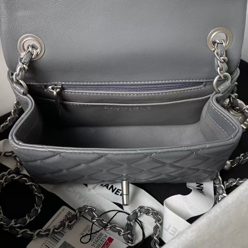 Chanel 23C AS1786 Mini Square Pearl Embossed Flap Bag Antique Silver Hardware Dark Grey - Image 7