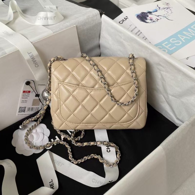 Chanel 23C AS1786 Mini Square Pearl Embossed Flap Bag Antique Silver Hardware Apricot - Image 2