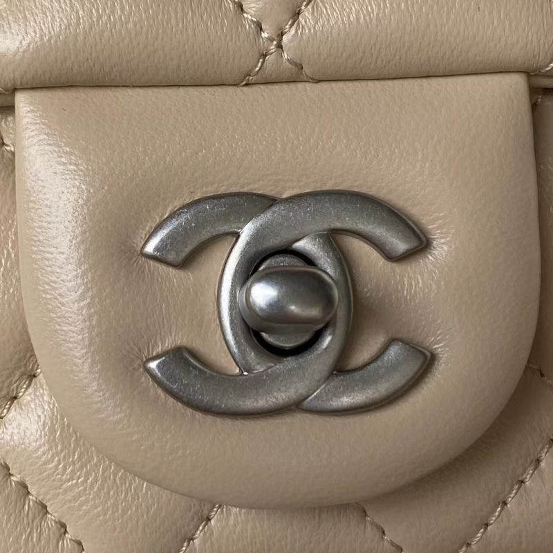Chanel 23C AS1786 Mini Square Pearl Embossed Flap Bag Antique Silver Hardware Apricot - Image 3