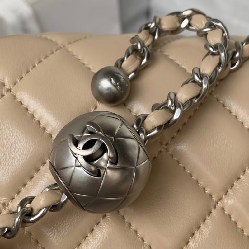 Chanel 23C AS1786 Mini Square Pearl Embossed Flap Bag Antique Silver Hardware Apricot - Image 4