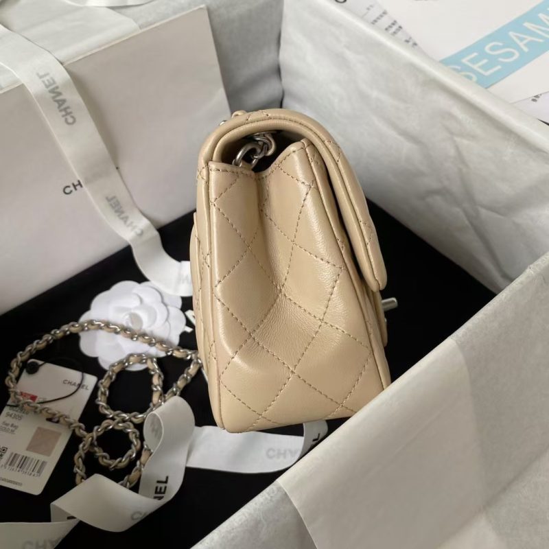 Chanel 23C AS1786 Mini Square Pearl Embossed Flap Bag Antique Silver Hardware Apricot - Image 9