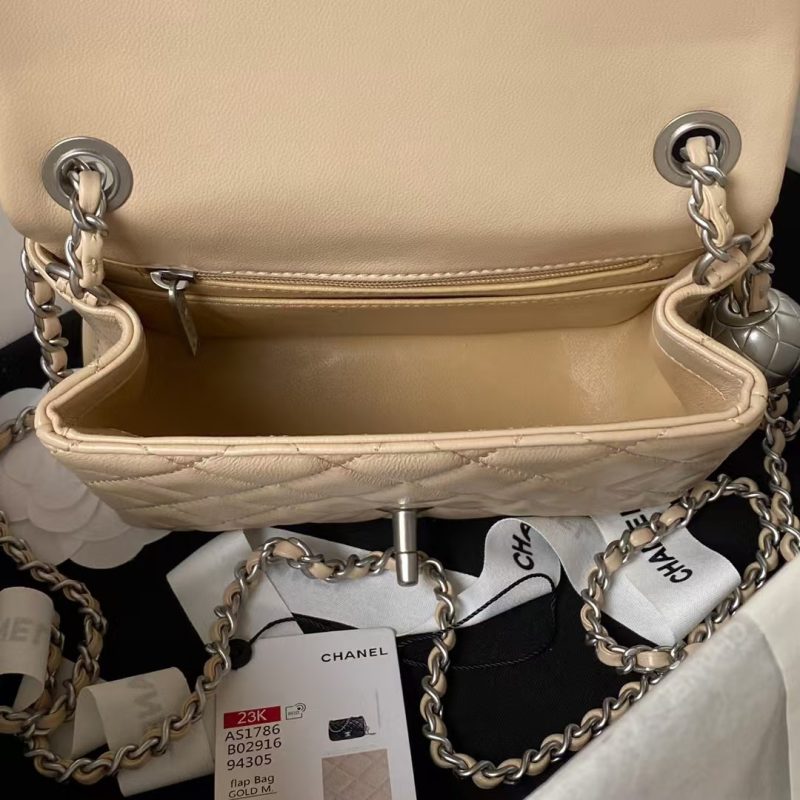 Chanel 23C AS1786 Mini Square Pearl Embossed Flap Bag Antique Silver Hardware Apricot - Image 6