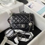 Chanel 23C AS1786 Mini Square Pearl Embossed Flap Bag Antique Silver Hardware Black