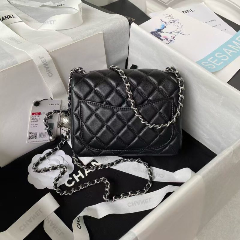 Chanel 23C AS1786 Mini Square Pearl Embossed Flap Bag Antique Silver Hardware Black - Image 2