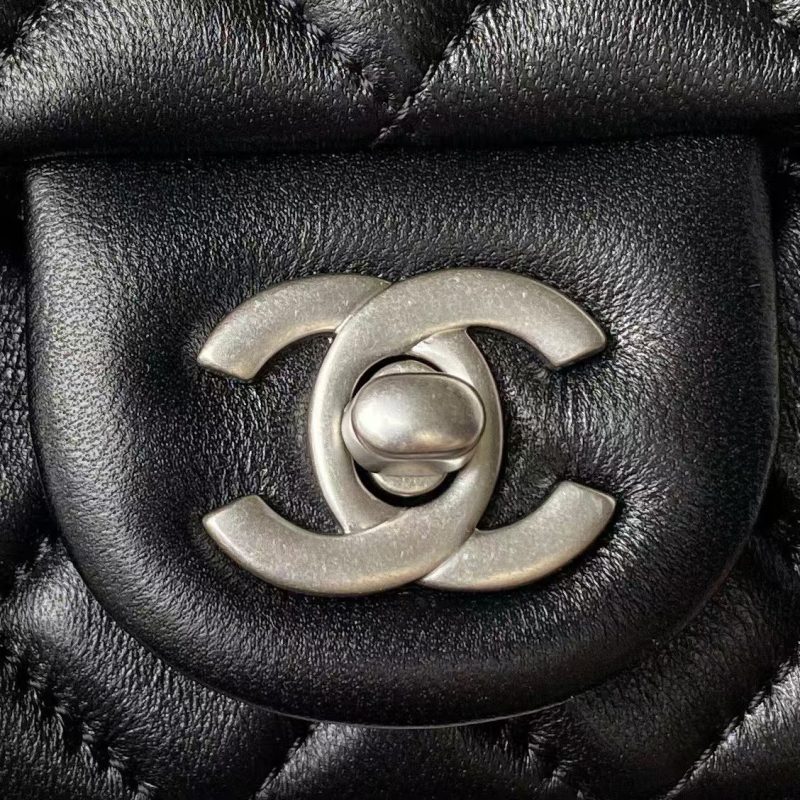 Chanel 23C AS1786 Mini Square Pearl Embossed Flap Bag Antique Silver Hardware Black - Image 3