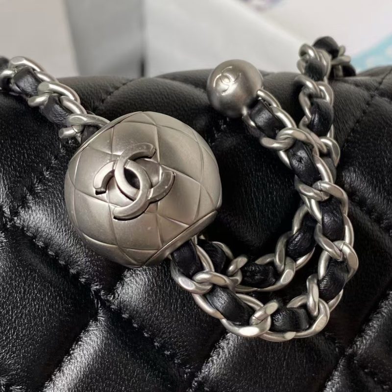 Chanel 23C AS1786 Mini Square Pearl Embossed Flap Bag Antique Silver Hardware Black - Image 4