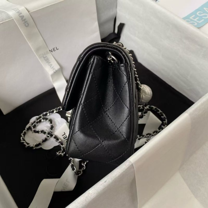 Chanel 23C AS1786 Mini Square Pearl Embossed Flap Bag Antique Silver Hardware Black - Image 5