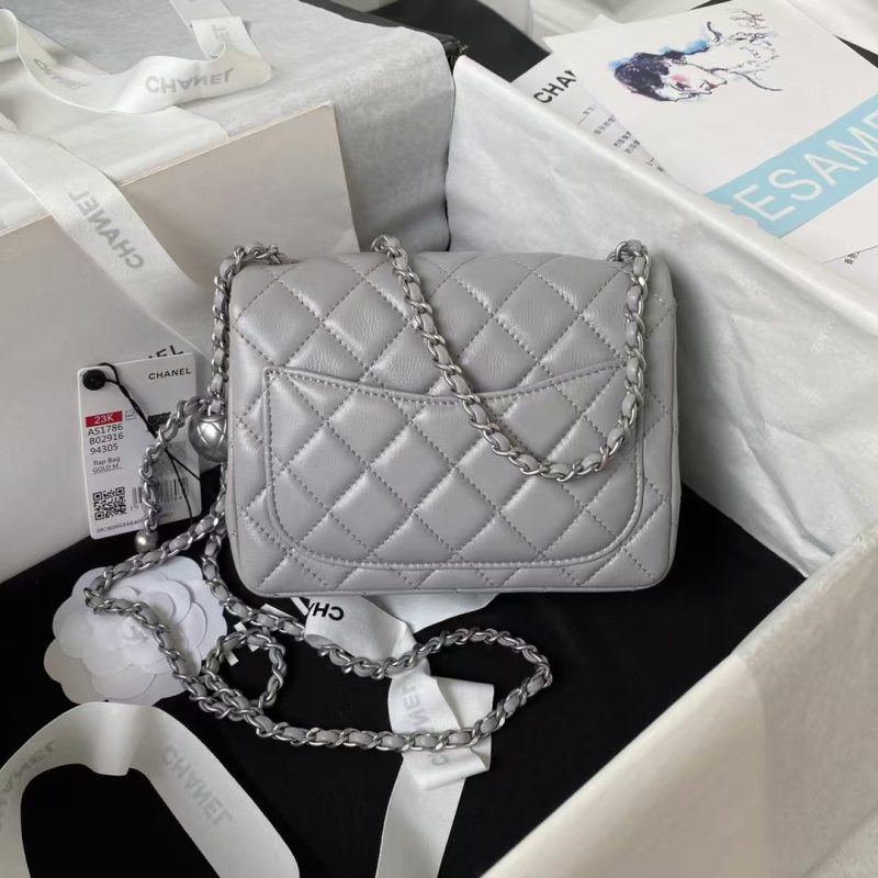 Chanel 23C AS1786 Mini Square Pearl Embossed Flap Bag Antique Silver Hardware Grey - Image 2