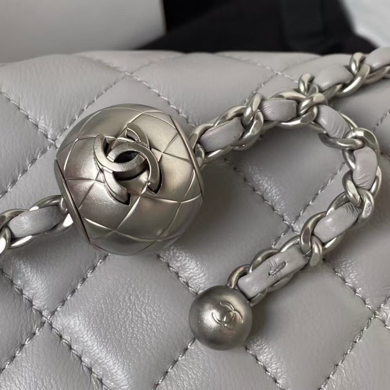 Chanel 23C AS1786 Mini Square Pearl Embossed Flap Bag Antique Silver Hardware Grey - Image 9