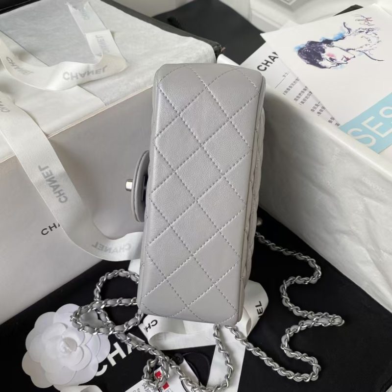 Chanel 23C AS1786 Mini Square Pearl Embossed Flap Bag Antique Silver Hardware Grey - Image 5
