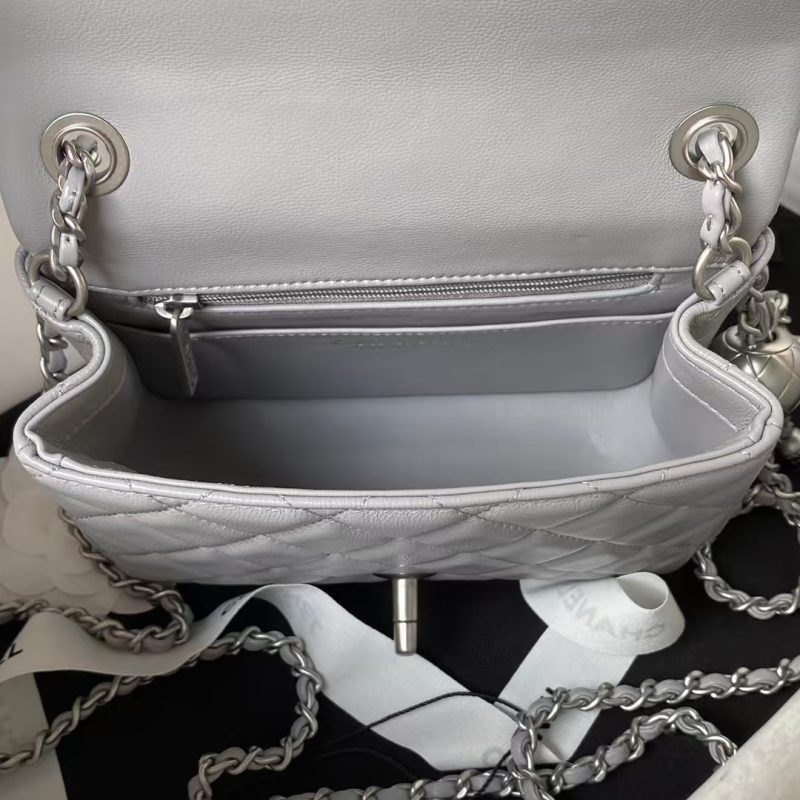 Chanel 23C AS1786 Mini Square Pearl Embossed Flap Bag Antique Silver Hardware Grey - Image 6